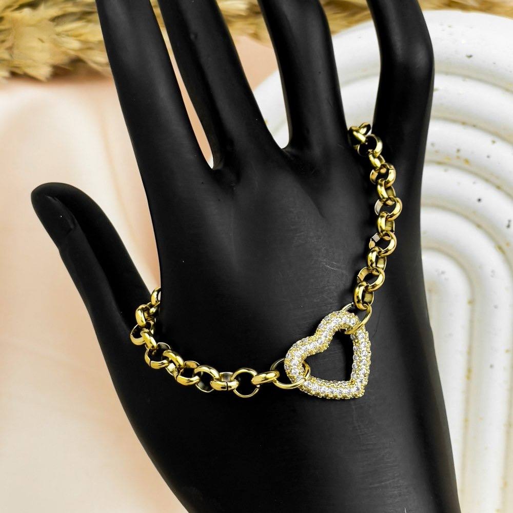 Gold Link Bracelet with Heart Zircon Charm