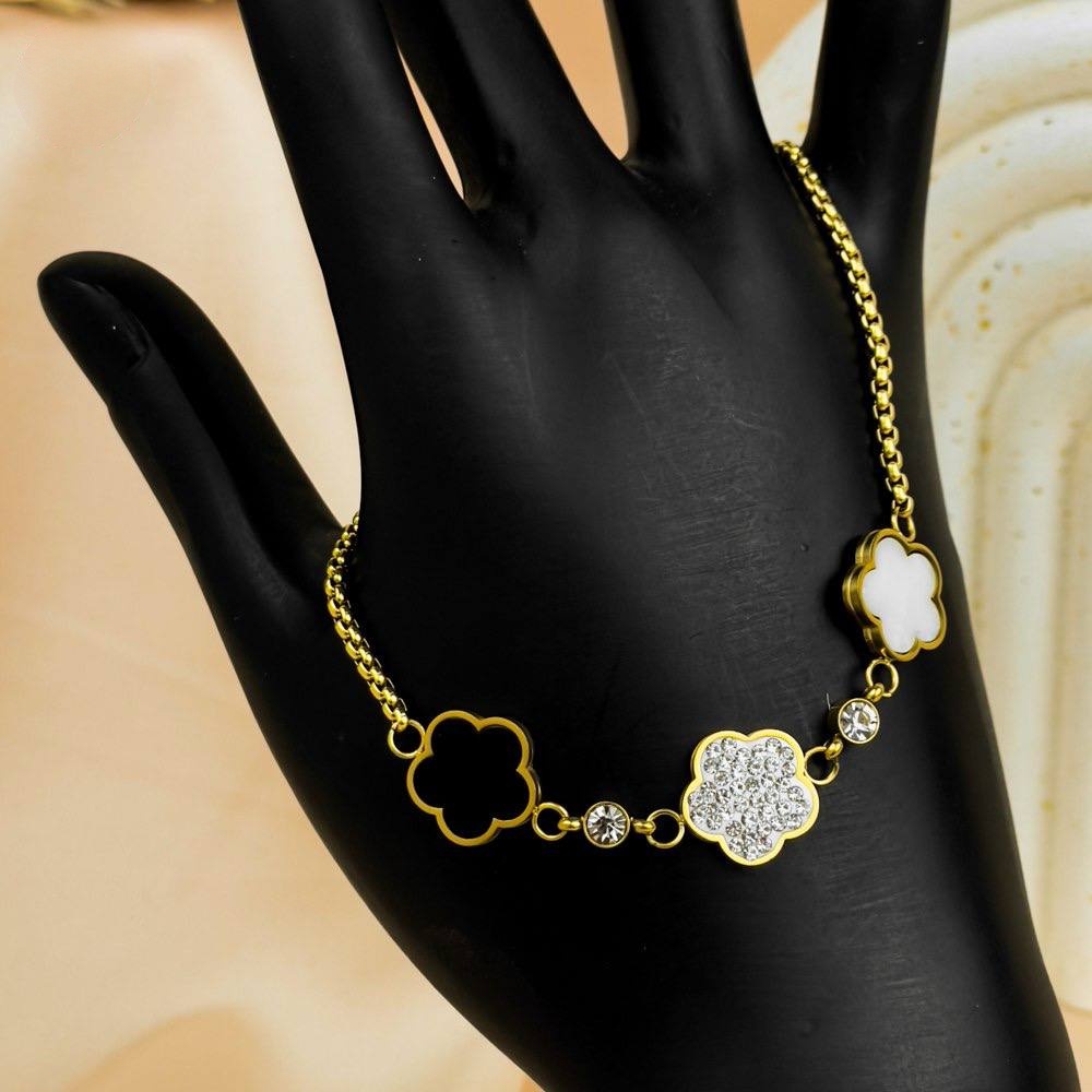Triple Flower Bracelet – Black, White & Crystal