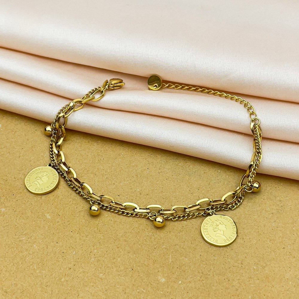 Gold Link Bracelet with Two Coin Charms