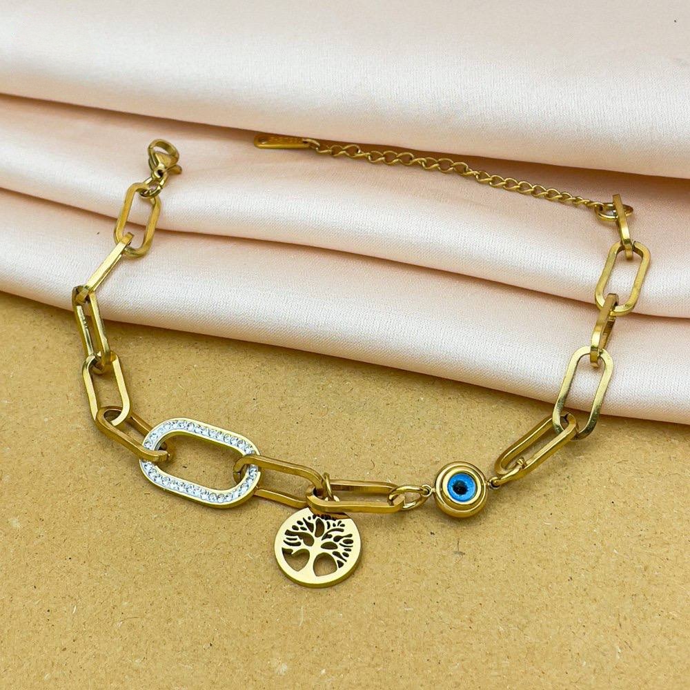 Gold Link Tree & Blue Eye Charm Bracelet