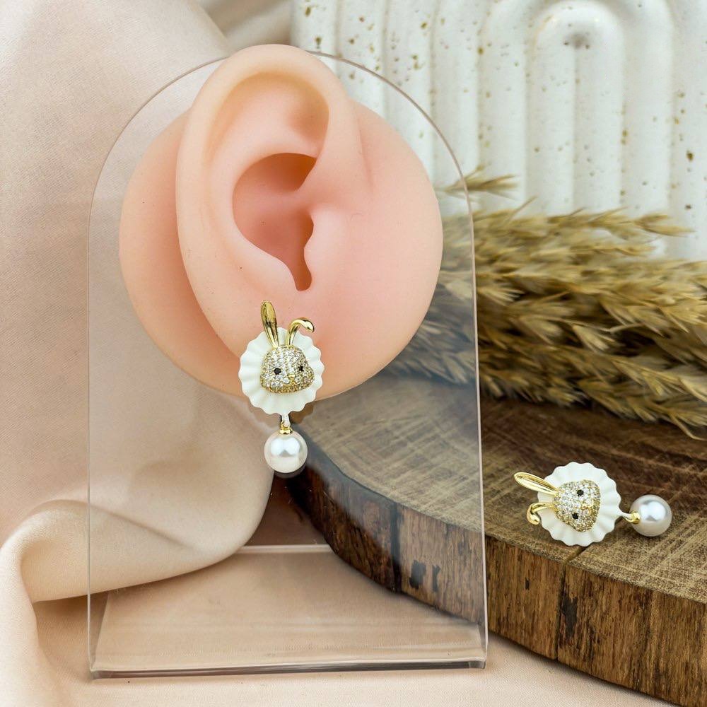 Golden Bunny Head Earrings – Zircon Shine