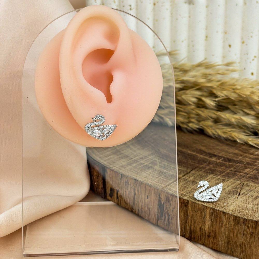 Platinum Zircon Goose Stud Earrings – Silver 925