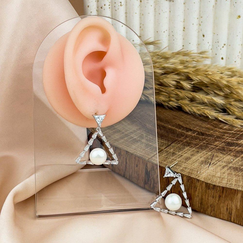 Platinum Triangle Pearl Zircon Earrings – Silver 925