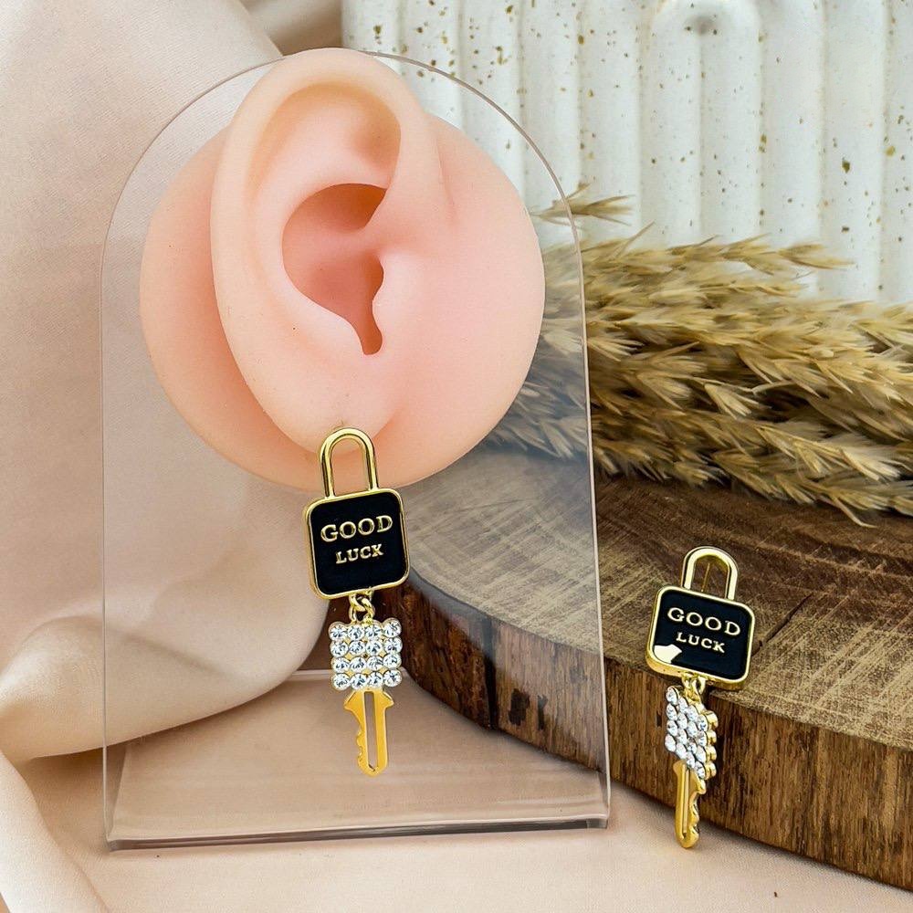 Good Luck Padlock Earrings – Gold & Black Enamel
