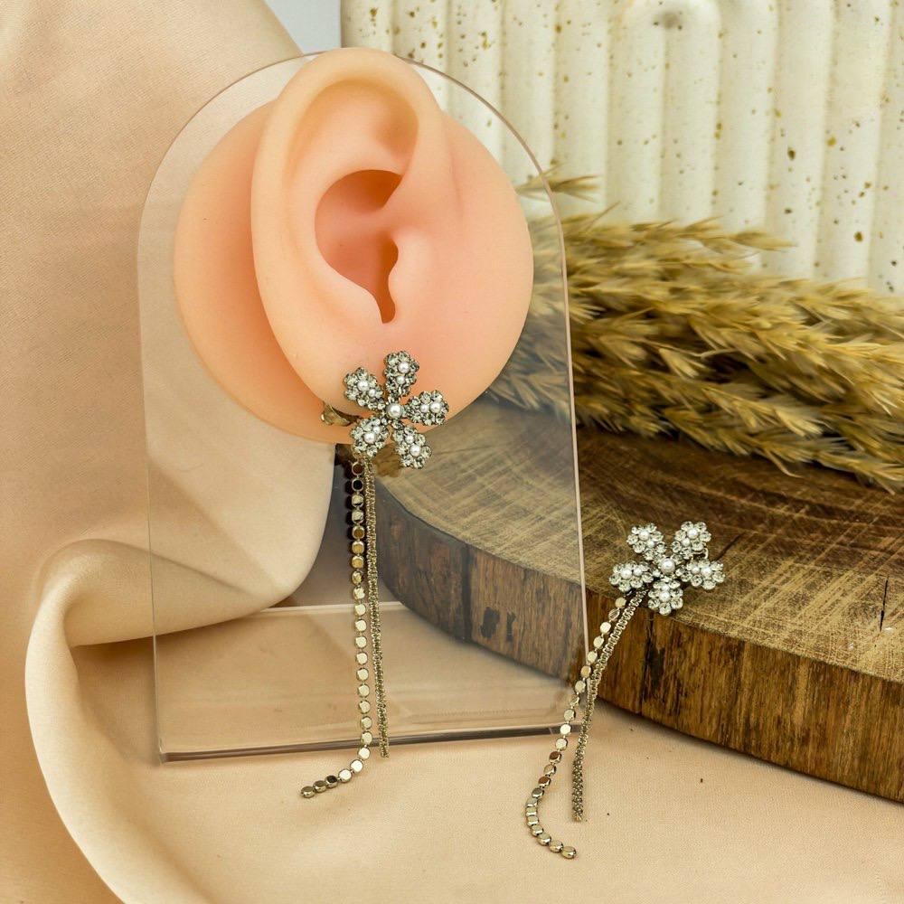 Golden Rose Drop Earrings – Zircon & Twin Chains