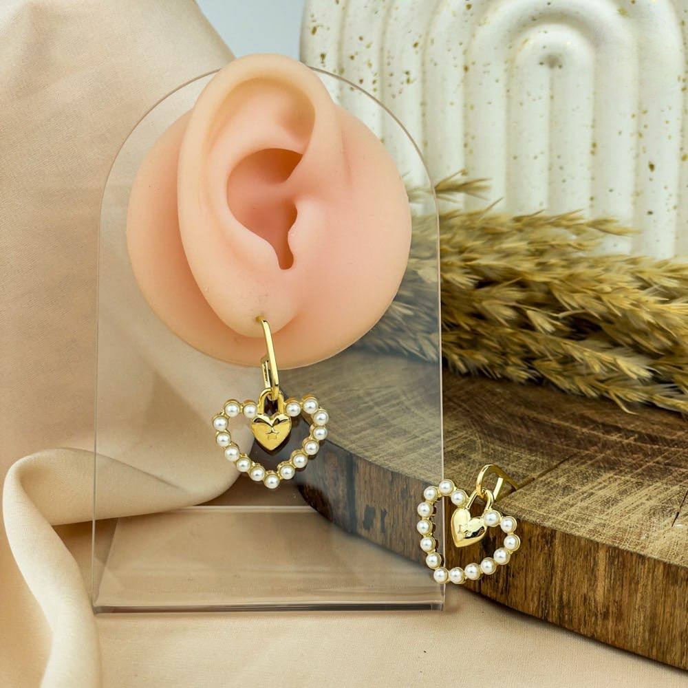 Pearl Heart Frame Earrings – Gold Finish