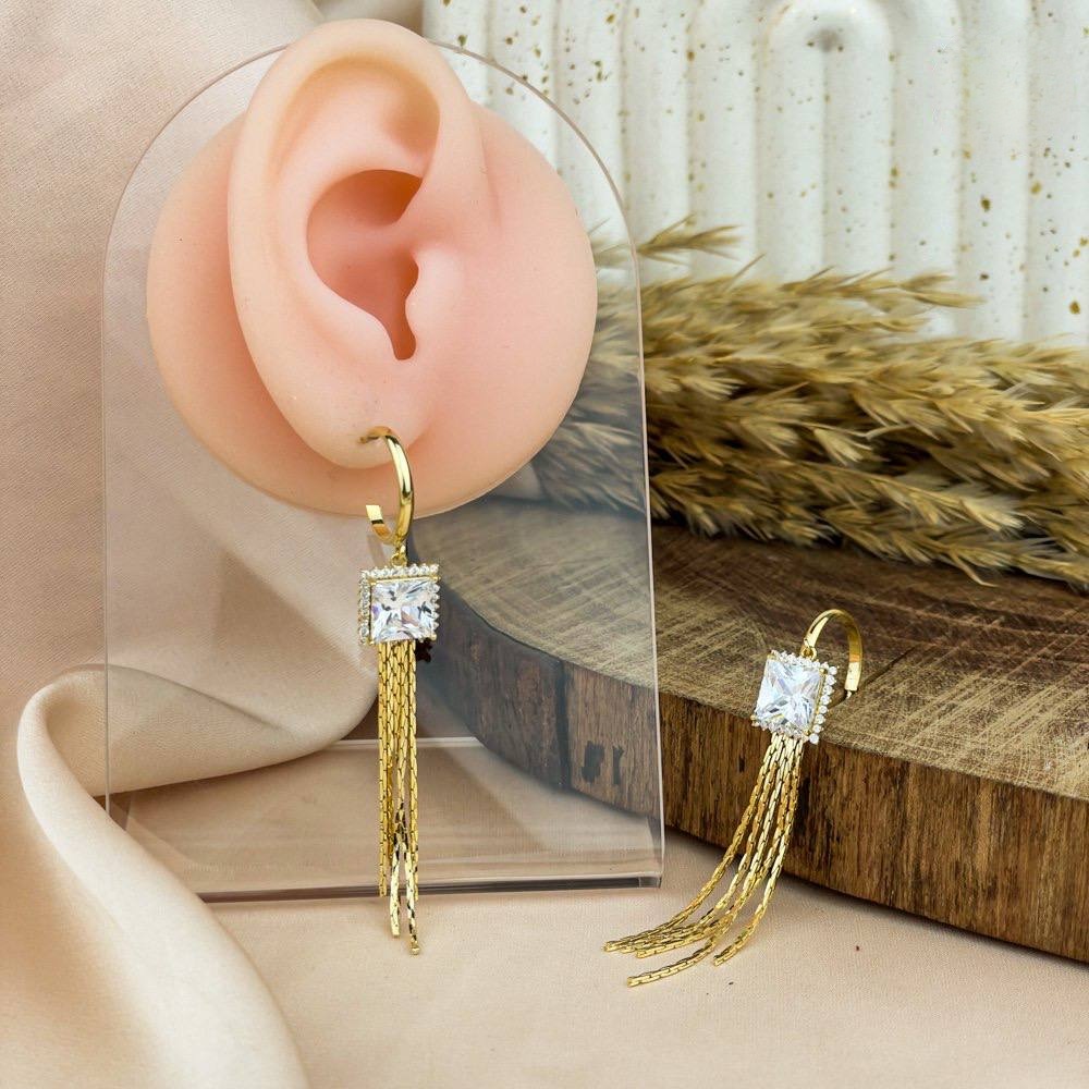 Golden Square Chain Earrings – Zircon Centerpiece