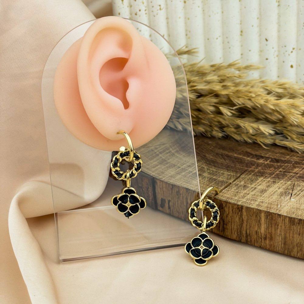 Black Bloom Dangle Earrings – Gold Finish 925