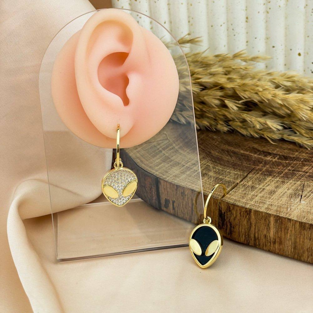 Dual Tone Alien Face Earrings – Gold & Black with Zircon