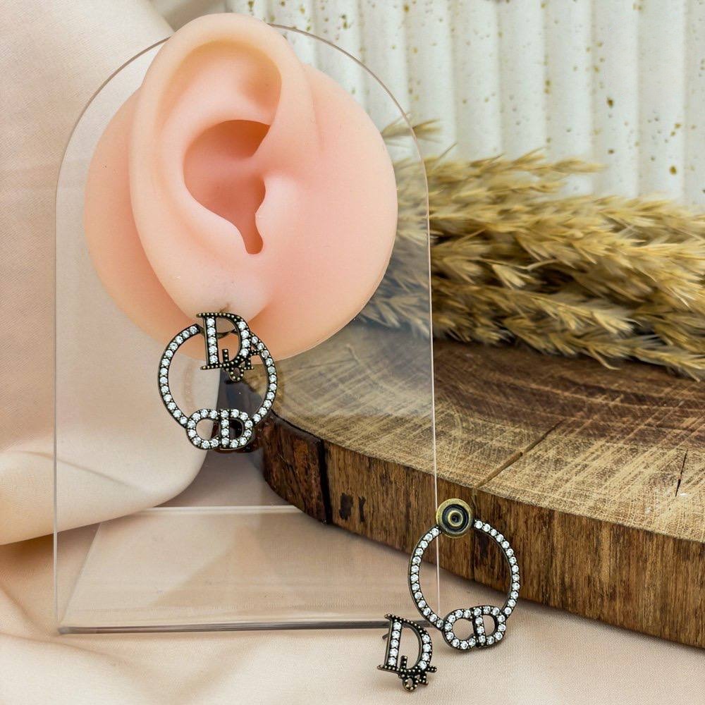 Dior-Inspired Black Hoop Earrings – Gold with Zircon