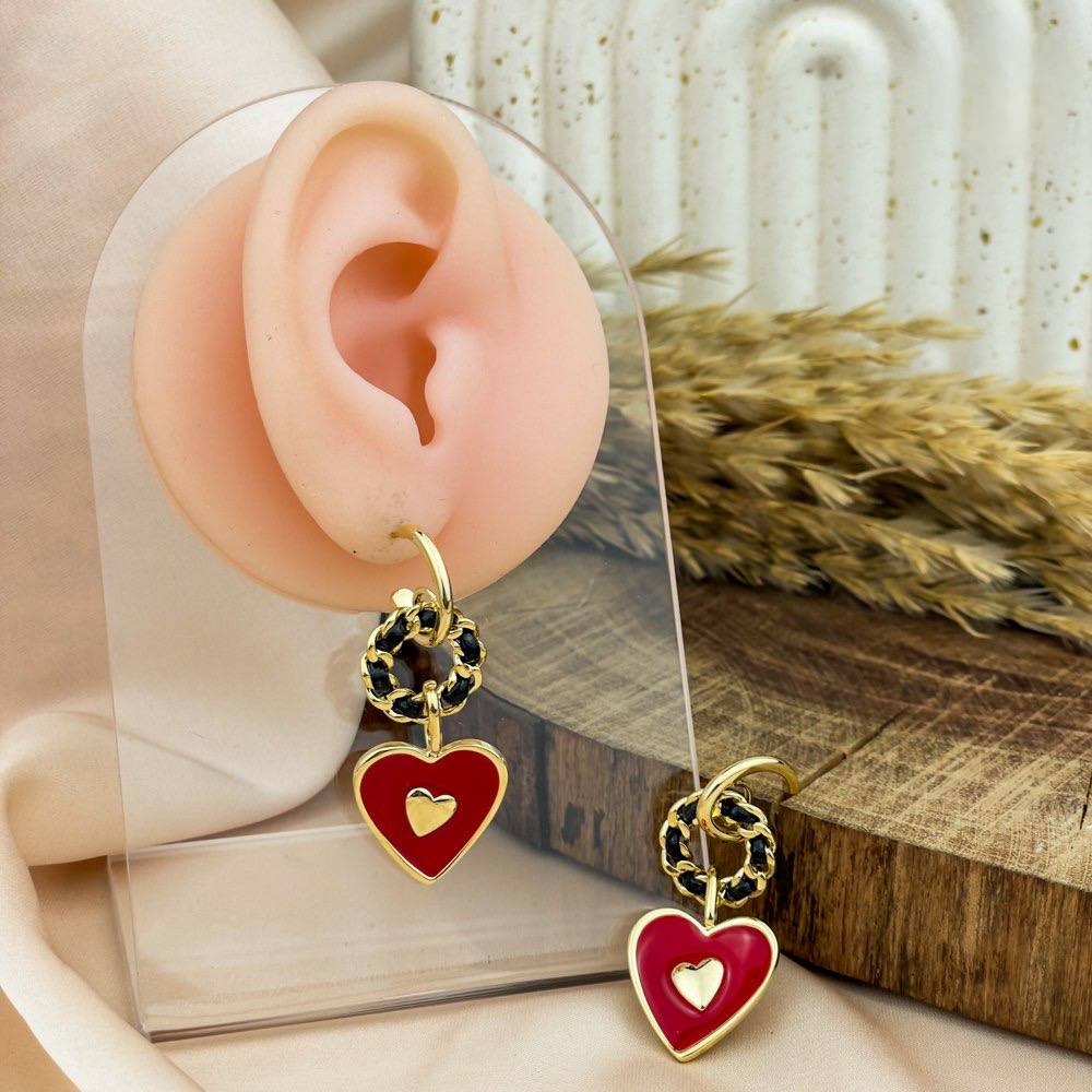 Golden Heart Layers Earrings – Red Enamel & Inner Charm