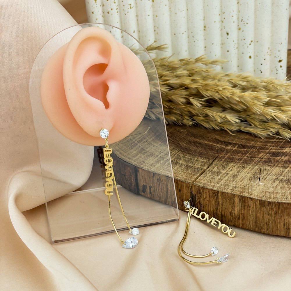 I Love You Drop Earrings – Gold with Zircon Tips