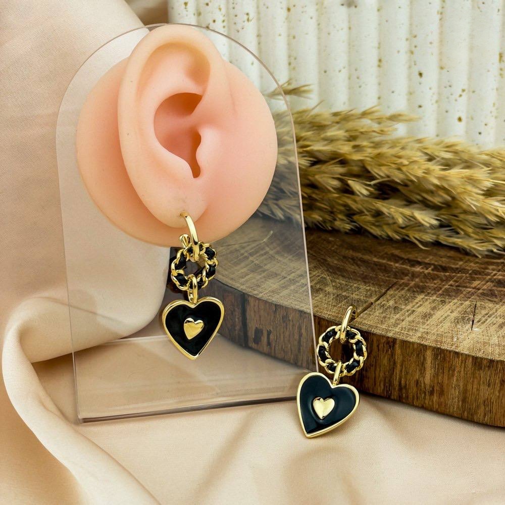 Golden Heart Layers Earrings – Black Enamel & Inner Charm