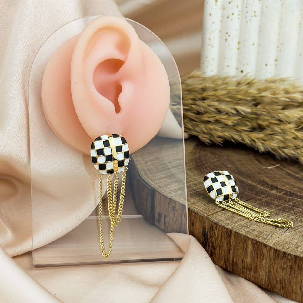 Checkered Drop Earrings – Black & White with Twin Chains
