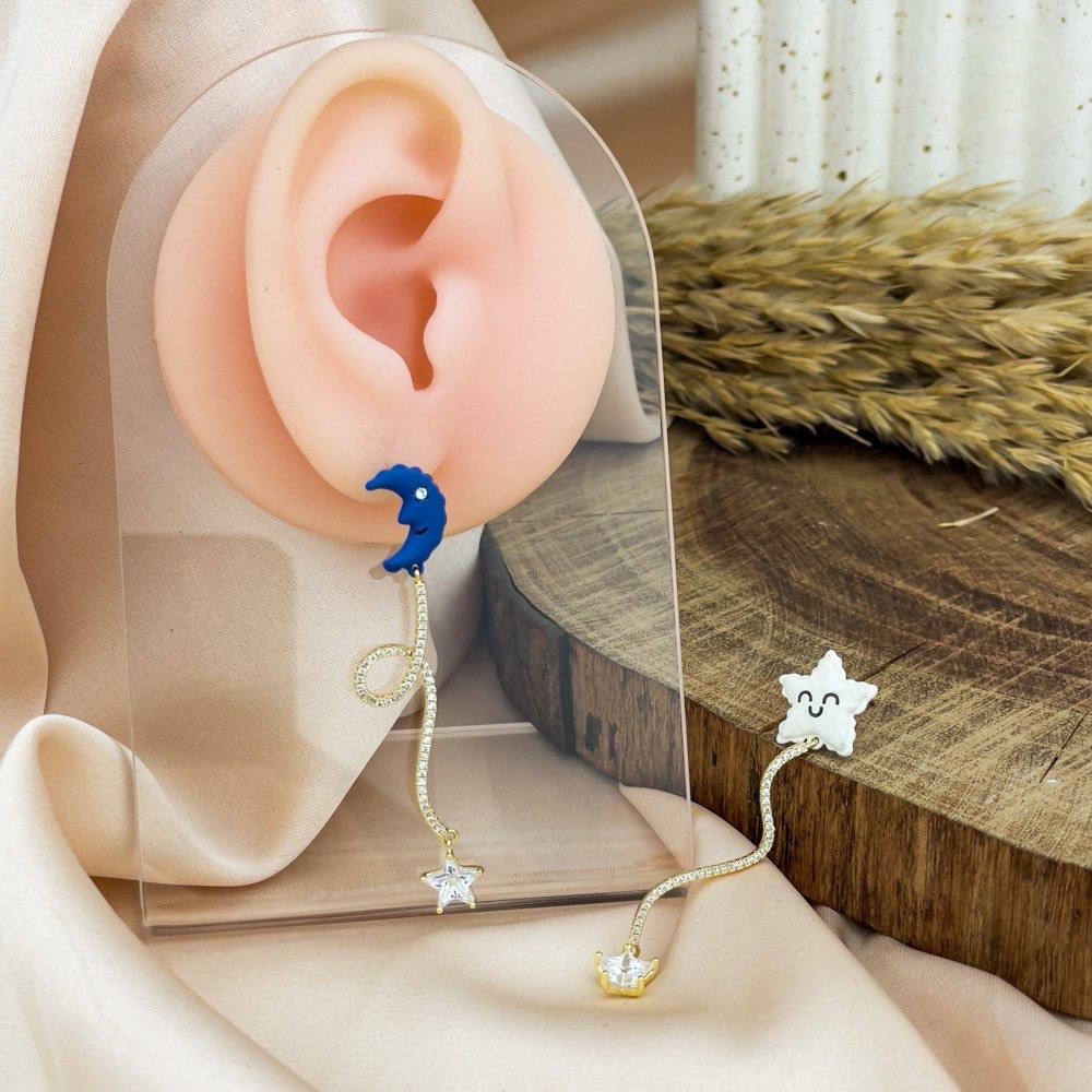 Blue Moon & Star Mismatched Earrings – Zircon Chain Drops