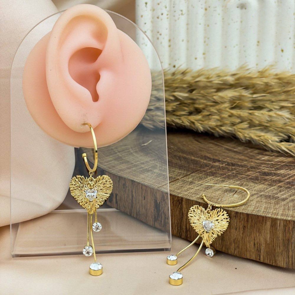 Golden Triple-Chain Heart Earrings – Zircon Drops