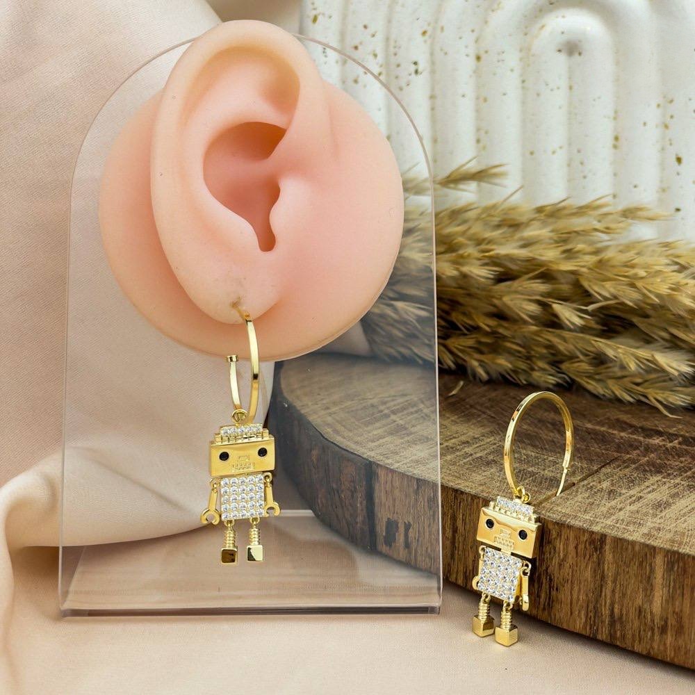 Golden Robot Stud Earrings – Zircon Details