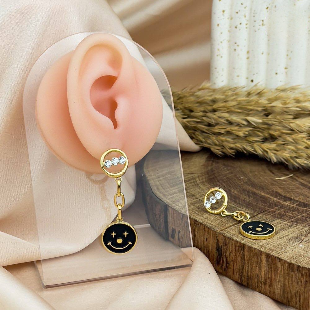 Black Emoji Stud Earrings – Gold Finish with Zircon