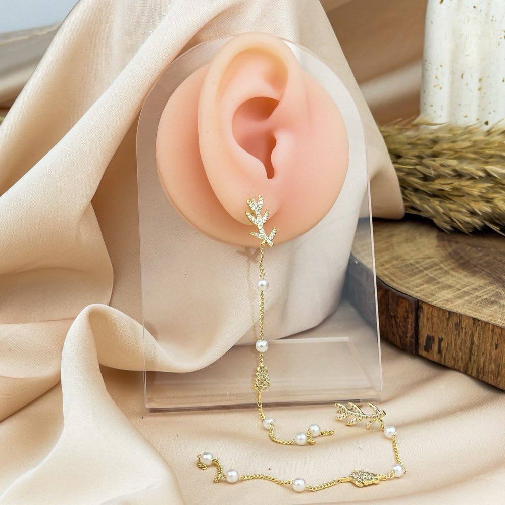 Golden Long Pearl Chain Earrings – Zircon Accent