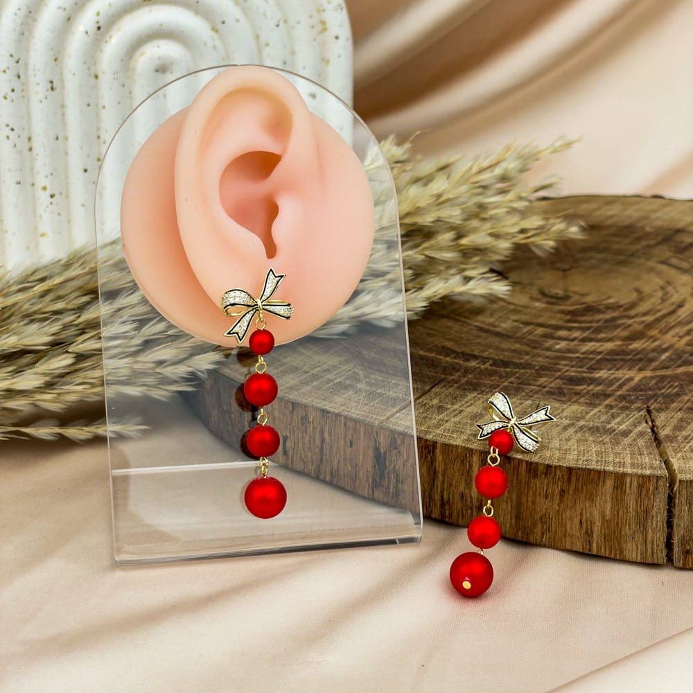 Ruby Cascade Bow Earrings – Gold with Red Accents