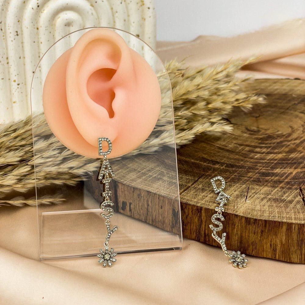 Daisy Letter Cascade Earrings – Gold with Zircon & Floral Charm