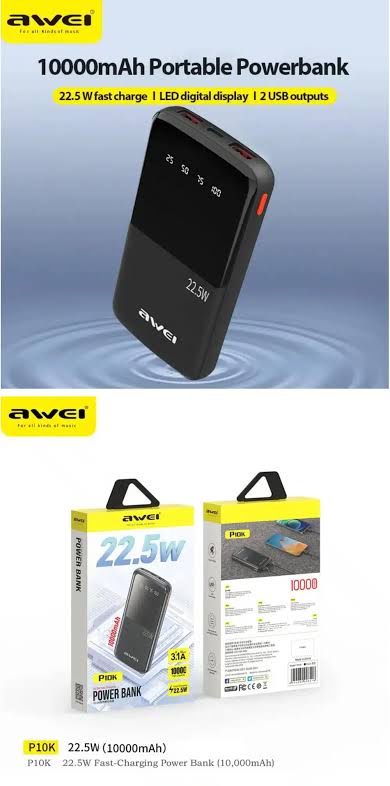 Awei P10K 10000mAh 22.5W 3 in 1 Portable Power Bank - Penguin.com.bd