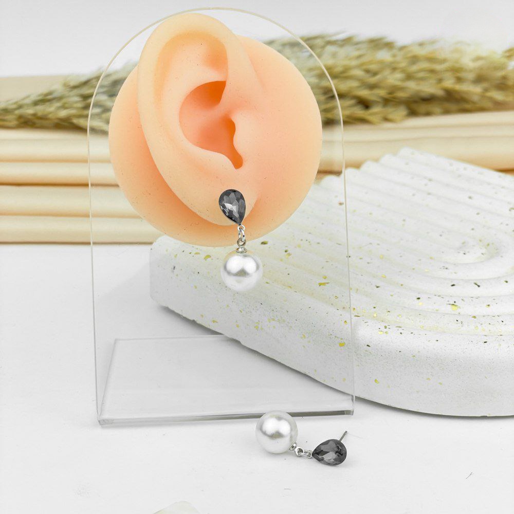 Smoky Crystal Pearl Earrings – Platinum Silver & 925 Post