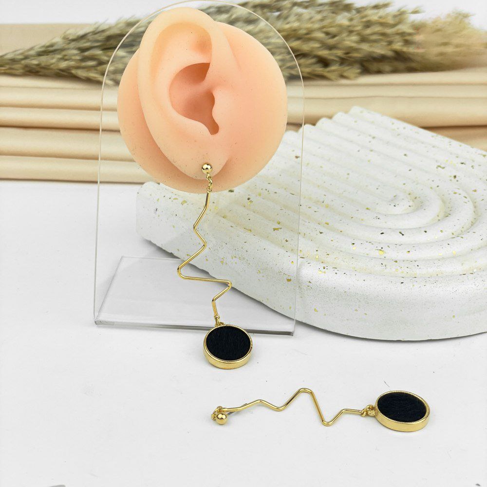 Zigzag Black Circle Earrings – Gold Finish & 925 Silver Post