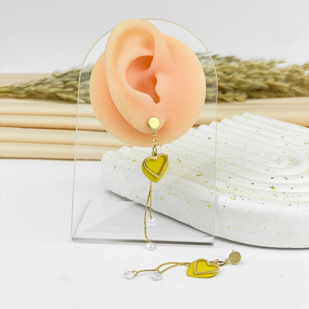 Golden Double Heart Earrings – Lemon Yellow Accent