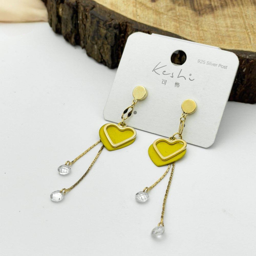 Golden Double Heart Earrings – Lemon Yellow Accent