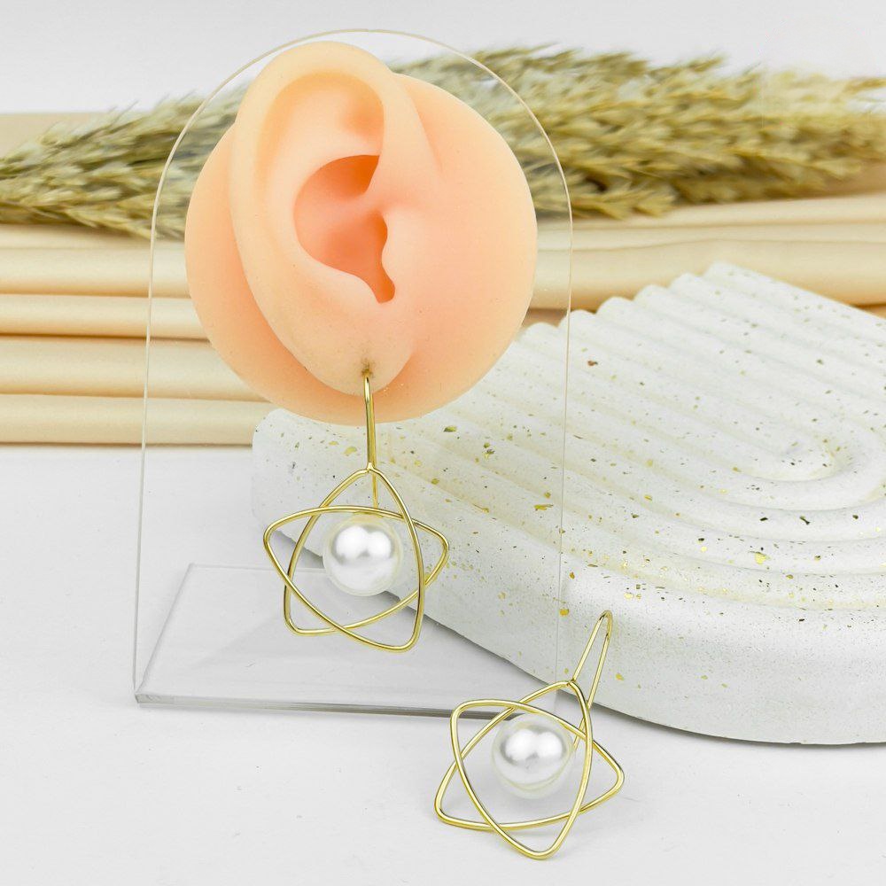Golden Star-Pearl Hook Earrings – Wire Star Design with Pearl