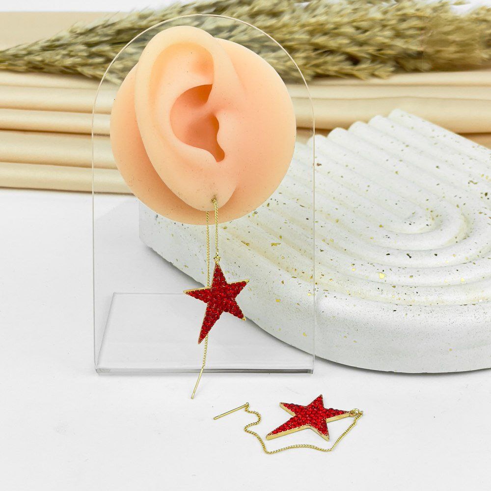 Golden Red-Star Threader Earrings – Crystal Garnet Shine