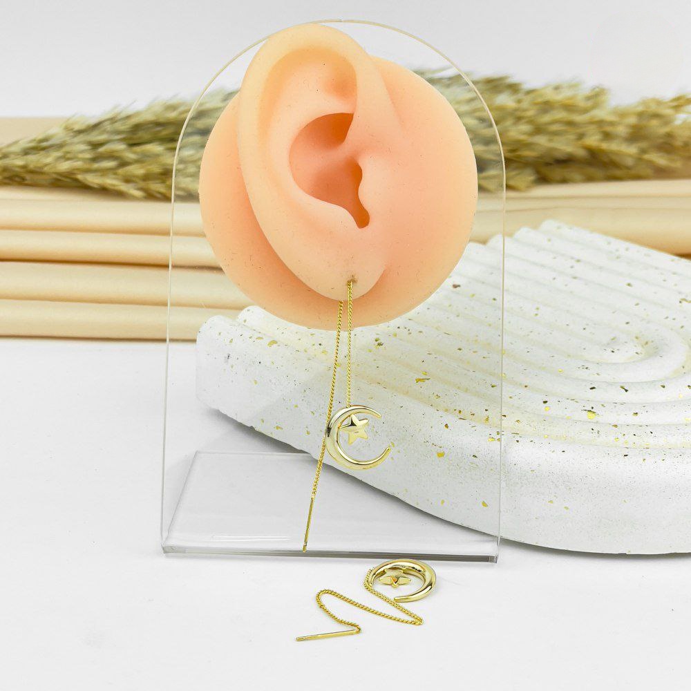 Golden Moon-Star Threader Earrings – Minimal Celestial Design
