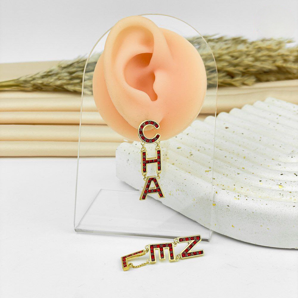 Golden CHA Letter Drop Earrings – Red Crystal Statement
