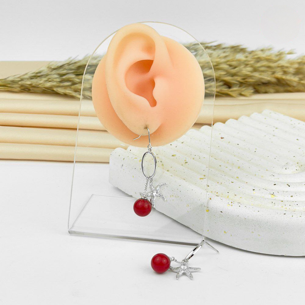 Platinum Starfish-Coral Drop Earrings – Silver with Red Bead