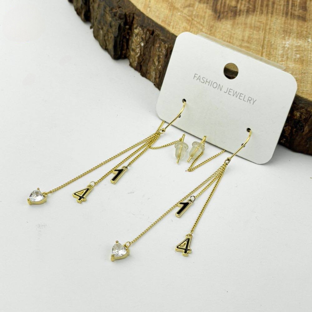 Golden Charm Long Chain Earrings – Numbers & Crystal Drop