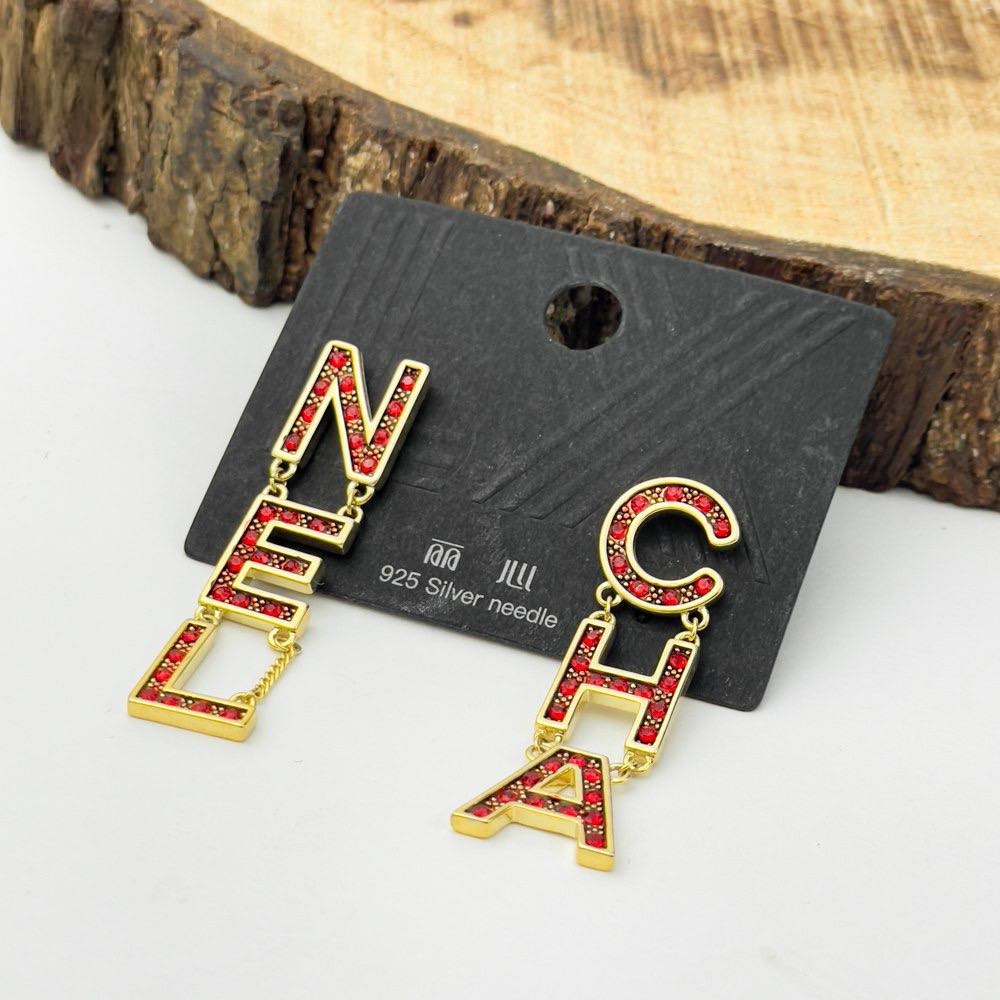 Golden CHA Letter Drop Earrings – Red Crystal Statement