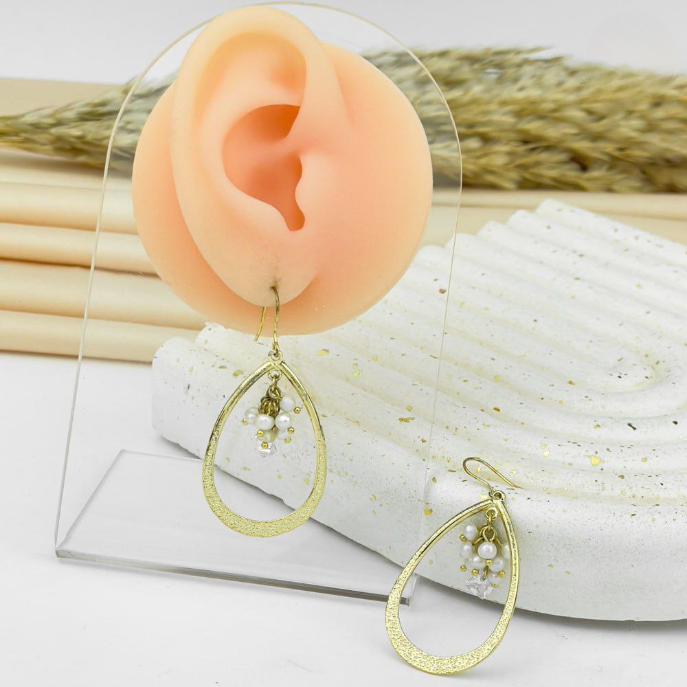 Pearl Cluster Tear Drop Earrings – Gold Crystal Frame