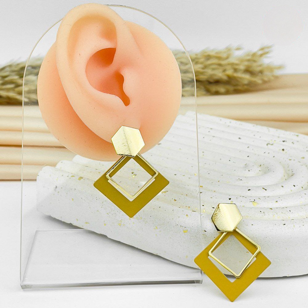 Mustard Geometric Drop Earrings – 925 Silver Post