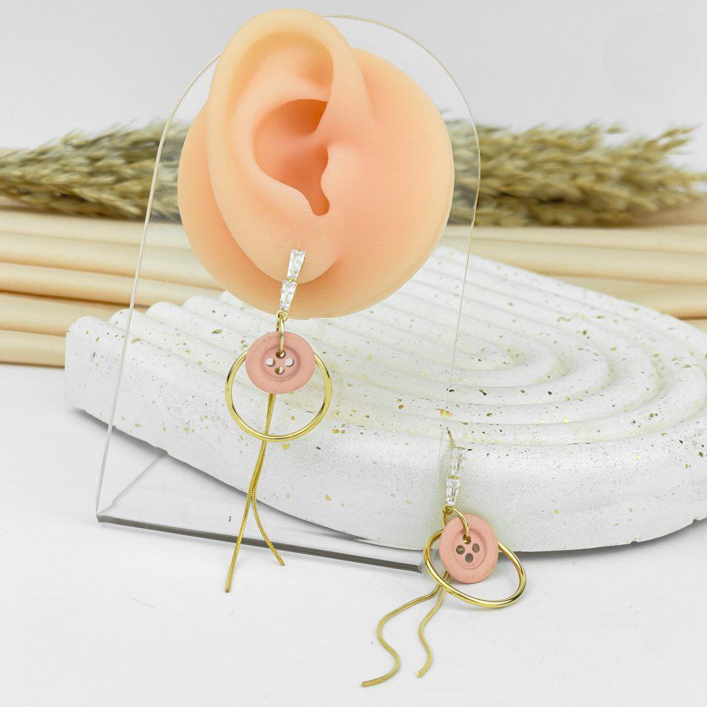 Pink Button Drop Earrings – 925 Silver Post
