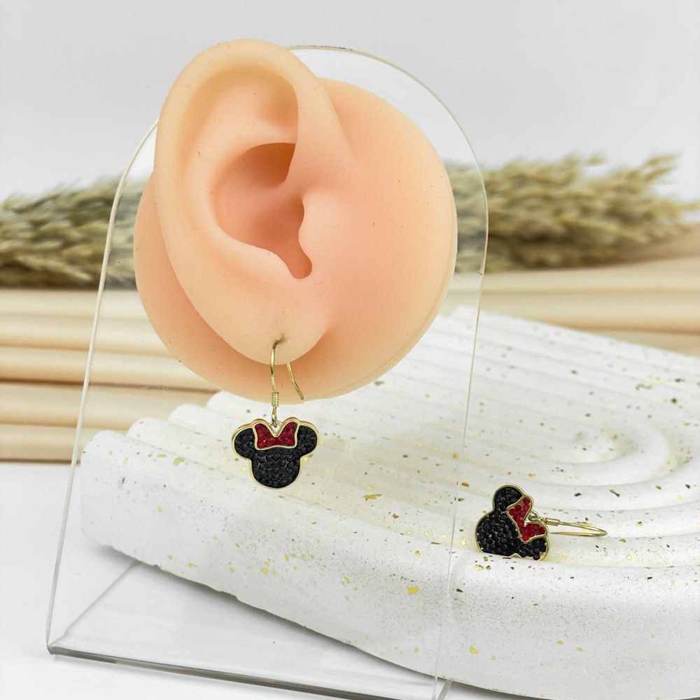 Black Mouse Bow Crystal Earrings – Gold Finish