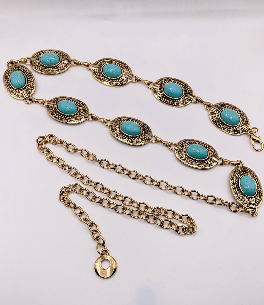 Turquoise Oval Metal Chain Belt – Gold & Silver