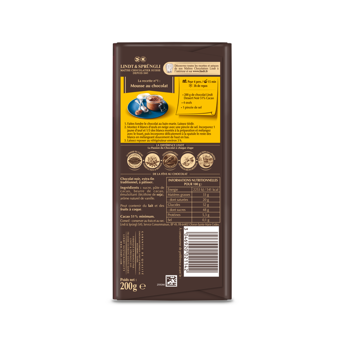 Lindt Dessert Dark Chocolate 51% Cocoa 200g
