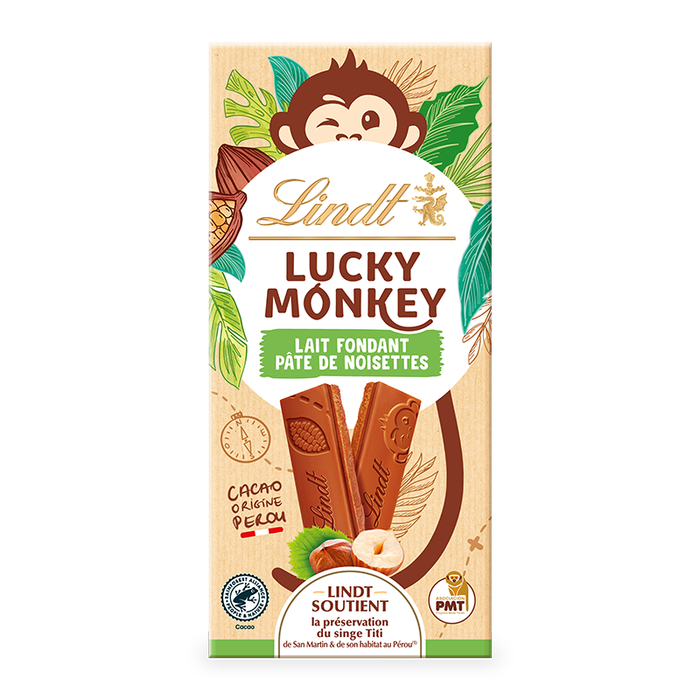 Lindt LUCKY MONKEY Milk Chocolate Hazelnut Paste Tablet 100g
