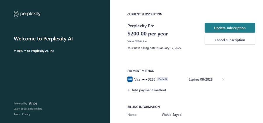 اشتراك سنوي Perplexity Pro