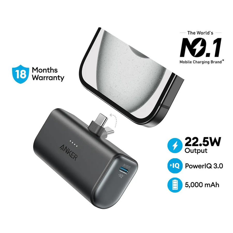 Anker Nano Power Bank 5,000mAh 22.5W Built-In USB-C Connector – Black | A1653H11