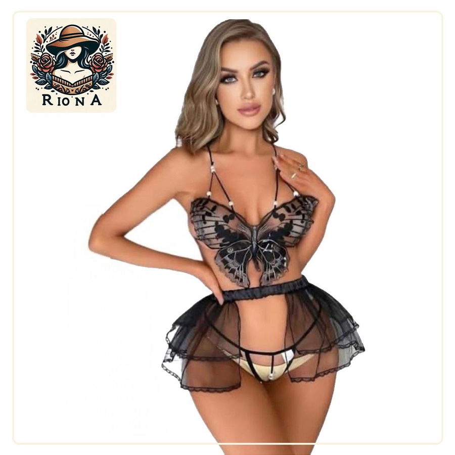 طقم دانتيل أسود بتصميم فراشة | Black Butterfly Lace Set