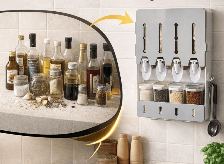 كل مرة تدوري على الزيت أو التوابل وقت الطبخ… وتلاقي الزجاجات متلخبطة على الرخامة؟ المشكلة مش في المطبخ المشكلة في التنظيم.