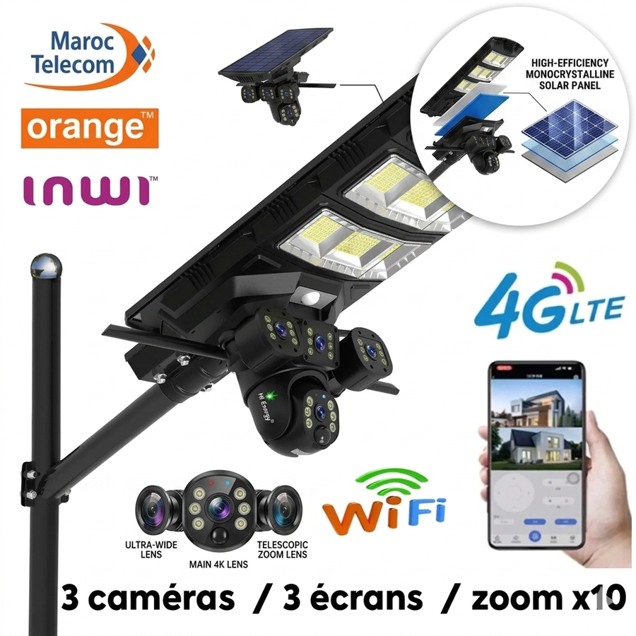 بروجيكتور شمسي 650W مع كاميرا مراقبة 8MP بجودة 4K و360° نسختين: WiFi Version / 4G SIM Card Version 3 Cameras • Powerful Zoom