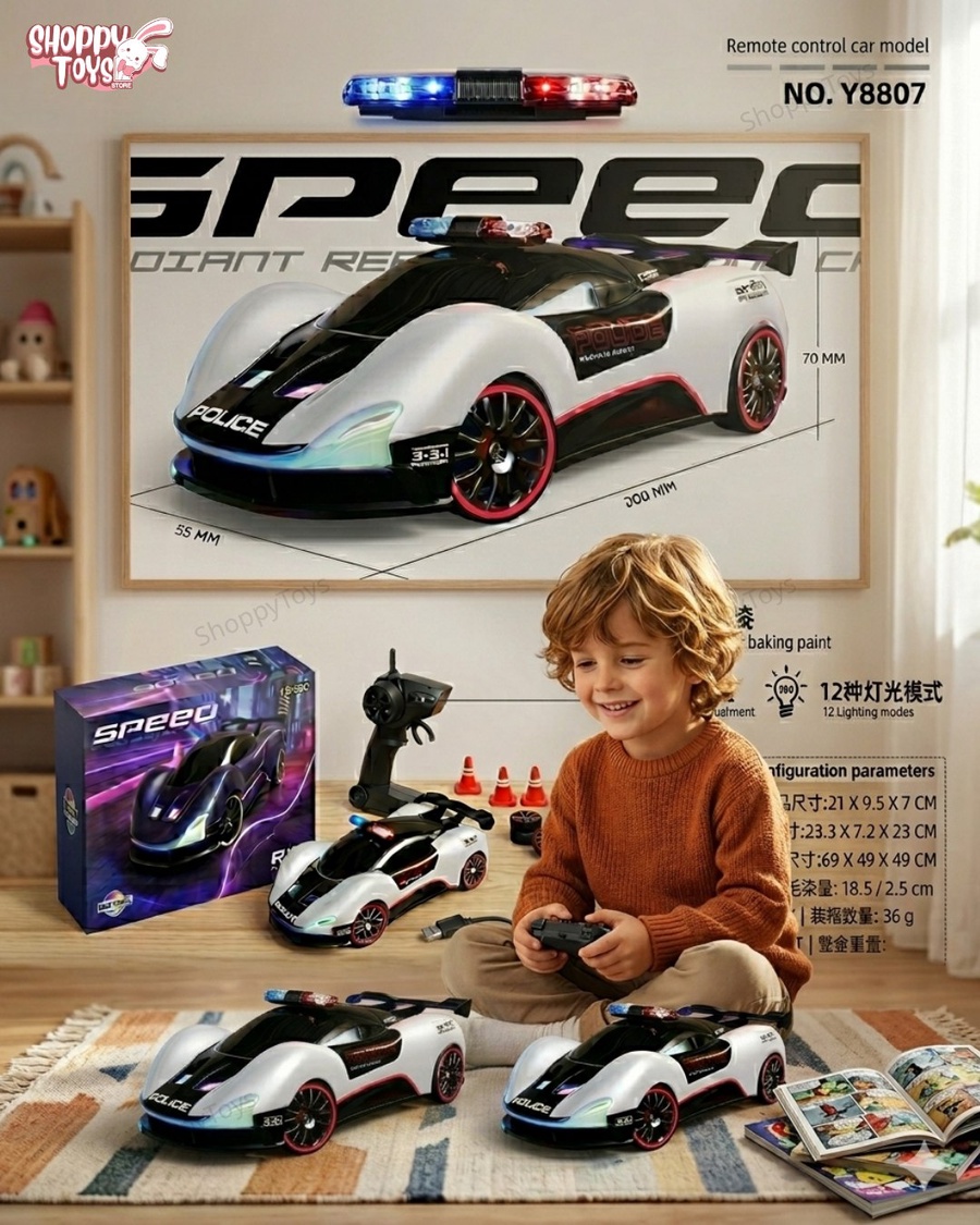 لعبة سيارة شرطة سباق بالريموت كنترول مع أقماع وإضاءات متغيرة (RC Car)